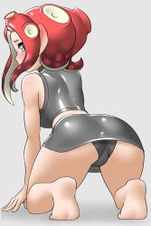 1girls agent_8_(splatoon) colored embarrassed female_only from_behind kneeling latex_skirt latex_topwear nintendo nobunagapero octoling panties peronattu solo solo_female splatoon upskirt