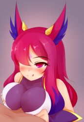 1girls ayatori blush blushing blushing_at_another boobjob league_of_legends looking_at_partner pink_eyes pink_hair star_guardian_series star_guardian_xayah tongue xayah