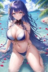 1girls accessory ai_generated alternate_costume beach big_breasts bikini bikini_bottom bikini_top blue_eyes blush bow breasts cherry_blossoms cloud collar curvaceous curvy_figure detached_collar detached_sleeves detailed_background falling_petals female flower flower_in_hair frills genshin_impact hair_ornament highleg highleg_panties huge_breasts japanese_clothes large_breasts light-skinned_female light_skin long_hair miko nai_diffusion navel off_shoulder outdoors outside panties partially_submerged purple_hair raiden_shogun ribbon sash see-through_clothing see-through_skirt shrine_maiden side-tie_bikini sidelocks sky stable_diffusion swimsuit swimwear underwear very_long_hair video_games water wavy_hair white_bikini