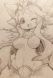 animal_ears anthro big_breasts chest_tuft curemitsuba female female_only fluffy fluffy_ears fur goggles_on_head line_art looking_at_viewer made_in_abyss mitsuba-sama_(milkba-ng) mitty monochrome narehate open_mouth pubic_tuft smile solo topless topless_female traditional_media_(artwork) wide_hips wink