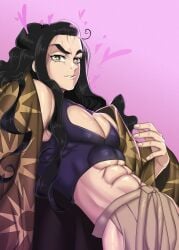 abs black_hair cleavage_cutout crop_top demon_slayer green_eyes haganezuka_hotaru hakama haori heart-shaped_pupils japanese_clothes kimetsu_no_yaiba long_hair long_hair_male looking_at_viewer male male_only muscular muscular_male pecs pink_background sherlleen skin_tight solo thick_eyebrows wavy_hair