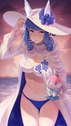 1girls absurdres arm_up bikini blue_bikini blue_eyes blue_flower blue_hair blue_swimsuit breasts cape cleavage cleavage_cutout clothing_cutout cloud cloudy_sky coat cup doiparuni female female_only fire_emblem fire_emblem_heroes flower food hat highres holding holding_cup ice ice_cream ice_cream_cup ice_horns large_breasts navel nifl_(fire_emblem) nifl_(summer)_(fire_emblem) nintendo ocean official_alternate_costume sky snowflake_print solo spoon swimsuit twilight two-tone_bikini two-tone_swimsuit utensil_in_mouth white_bikini white_cape white_coat white_swimsuit