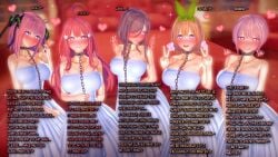 3d 5girls ahoge antenna_hair big_breasts blurred_background blush breeding_slave brown_hair caption chain_collar chains choker collar english_text female female_only femsub go-toubun_no_hanayome grin hair_ornament hair_over_one_eye hair_ribbon happy_sub harem heart heart-shaped_pupils koikatsu large_breasts long_hair looking_at_viewer mind_control multiple_girls multiple_subs nakano_ichika nakano_itsuki nakano_miku nakano_nino nakano_yotsuba orange_hair peace_sign pink_hair playing_with_hair quintuplets red_hair ribbon short_hair sisters slave slave_collar small_waist smile speech_bubble standing symbol-shaped_pupils v v-kris wedding wedding_dress white_dress