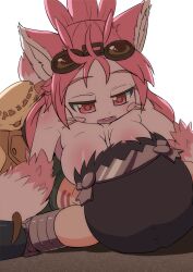 1boy 1girls animal_ears anthro anthro_on_human big_breasts breast_press faceless_male female female_on_top femdom fluffy fur goggles goggles_on_head heart-shaped_pupils looking_at_another made_in_abyss male mitty narehate open_mouth pink_eyes pink_fur pink_hair pinned pinned_down reg robot_boy robot_humanoid robotic_arm smile tied_hair topless topless_female two_tone_fur white_body white_fur