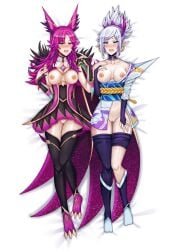 2girls breasts breasts_out embarrassed exposed_breasts exposed_pussy female female_focus female_only league_of_legends multiple_girls pink_hair pussy pussy_exposed riven saikunartworks simple_background spirit_blossom_riven spirit_blossom_series star_guardian star_guardian_series star_guardian_xayah thighhighs thighs white_hair xayah