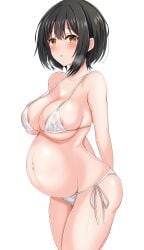 amadare areola_slip arms_behind_back big_breasts bikini black_hair blush bob_cut breath embarrassed female female_only idolmaster idolmaster_cinderella_girls large_areolae looking_at_viewer micro_bikini pregnant short_hair shy side-tie_bikini solo sweat swimsuit takafuji_kako underboob white_bikini yellow_eyes