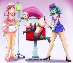 3girls big_breasts bondage collar earrings female female_only gag jessie_(pokemon) multiple_girls nurse_joy officer_jenny_(pokemon) pink_hair pokemon spanking thick_thighs worried