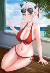 bikini eyewear_on_head helltaker justice_(helltaker) large_breasts sunglasses sunglasses_on_head