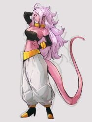 1girls alien alien_girl alien_humanoid android_21 baggy_pants big_breasts breasts dragon_ball dragon_ball_fighterz earrings female majin_android_21 monster_girl persian_clothing solo solo_female st62svnexilf2p9 tagme tail white_pants