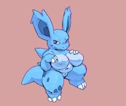 >:3 anthro anthrofied back_spikes barely_visible_genitalia barely_visible_pussy belly big_breasts big_ears blue_body blush breasts chubby_female claws female front_view genitals hand_on_breast high-angle_view inverted_nipples looking_at_viewer navel nidorina nintendo nipples pokémon_(species) pokemon pussy red_eyes short_stack shortstack simple_background slightly_chubby smile solo somnamg spikes spikes_(anatomy) standing toe_claws video_games