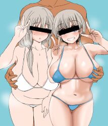 1boy 2girls bangs belly bikini blue_background blue_bikini blue_eyes blush breast_grab breasts censored chikichiken cleavage closed_eyes collarbone dark-skinned_male double_v grey_hair hair_between_eyes hair_over_shoulder huge_breasts identity_censor long_hair low_tied_hair midriff mother_and_daughter multiple_girls navel open_mouth plump pubic_hair pubic_hair_peek shiny shiny_skin short_hair smile standing stomach swimsuit teardrop thick_thighs thigh_gap thighs underboob uzaki-chan_wa_asobitai! uzaki_hana uzaki_tsuki v white_bikini