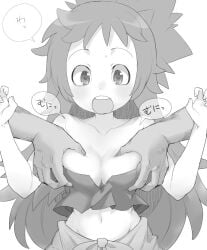 1girls breast_grab cleavage crop_top disembodied_hands female female_focus grabbing_from_behind groping groping_from_behind henyaan_(oreizm) long_hair made_in_abyss medium_breasts mitty monochrome open_mouth oreizm surprised sweatdrop tied_hair wide_eyed