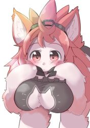 animal_ears anthro big_breasts black_bra black_claws blush bra cat_lingerie claws cleavage cleavage_cutout female female_only fluffy fluffy_ears fur goggles goggles_on_head huge_breasts lingerie looking_at_viewer made_in_abyss mitty narehate pink_eyes pink_hair red_hair solo white_fur