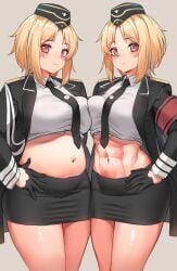 2girls abs absurdres armband blonde_female blonde_hair blush breast_press crop_top dual_persona female_only girls'_frontline gloves hat highres military military_hat military_uniform mp40_(girls'_frontline) multiple_girls navel necktie orange_eyes plump skirt stomach toryu_fufu uniform