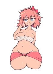 blue_eyes bow breasts chubby chubby_female cleavage doki_doki_literature_club female female_only hairbow messy_hair overhanging_belly poorsdraws red_bow red_hair_bow sayori_(doki_doki_literature_club) smile strawberry_blonde_hair thick_thighs thighs