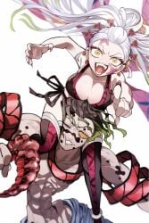 1boy 1girls big_breasts breast_rest breasts_on_head brother_and_sister cleavage cute daki_(kimetsu_no_yaiba) demon_boy demon_girl demon_slayer facial_markings fangs female gyutaro hair_ornament kimetsu_no_yaiba lingerie long_hair looking_at_viewer male open_mouth pale-skinned_female pale-skinned_male pale_skin sharp_fingernails siblings side-tie_panties smile thighhighs two_tone_hair very_long_hair weapon white_hair wholesome