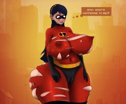 1girls 2022 absurd_res absurdres alternate_breast_size ass_expansion breast_expansion disney english_text expansion female female_only hi_res high_resolution highres huge_ass huge_breasts nipples pixar plump ripped_clothing sloshing_breasts solo stinkycokie straight_hair text the_incredibles thick_thighs thunder_thighs violet_parr wide_hips