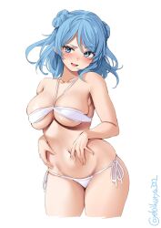 1girls alternate_costume bikini blue_eyes blue_hair blush blushing breasts collarbone cowboy_shot cropped_legs double_bun ebifurya female hair_between_eyes hair_bun highres kantai_collection large_breasts looking_at_viewer medium_hair navel one-hour_drawing_challenge open_mouth simple_background solo solo_female string_bikini swimsuit twitter_username urakaze_(kantai_collection) white_background white_bikini