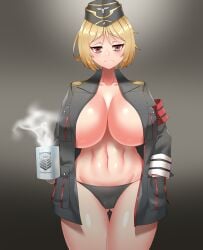 1girls absurdres alternate_breast_size black_panties blonde_hair breasts coffee_mug collarbone cup curvy eye_bags female female_only girls'_frontline hat hitch_(hitch_driessen/perotoss400/kirochef) holding_cup holding_mug human large_breasts light-skinned_female light_skin military_jacket mp40_(girls'_frontline) mug navel panties red_eyes shiny shiny_skin short_hair solo underwear wide_hips