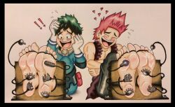 2boys baby_oil brushes comb eijirou_kirishima exclamation_point feet foot_fetish foot_focus green_hair hearts izuku_midoriya male_feet male_foot_fetish male_only my_hero_academia red_hair stocks tickle_torture tickling tickling_machine toes_tied trueticklefanatic