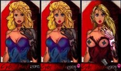 big_lips bimbo bimbofication blonde_hair corruption cybernetic_arm cyberpunk exhibitionism exposed_breasts kissy_face pweathermk solo_female tagme