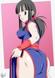 1girls ass bangs big_ass big_breasts black_eyes black_hair butt_crack_outline cheongsam chichi clothing dragon_ball dragon_ball_(classic) dress_inside_ass dress_wedgie female female_only hotpan02 huge_ass light-skinned_female light_skin looking_back milf nipple_bulge pink_background ponytail rear_view shounen_jump sideboob simple_background solo teenage_girl teenager thick_thighs watermark wedgie white_background