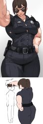biceps big_breasts breasts brown_hair cleavage female hand_on_hip looking_at_viewer looking_over_eyewear looking_over_glasses looking_over_sunglasses musctonk muscular muscular_arms muscular_female original police police_uniform policewoman pov pov_eye_contact ripped_clothing short_hair size_difference sunglasses tight_clothing tinted_eyewear undersized_clothes