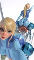 1girls ass ass_focus big_breasts bimbo blonde_hair blue_eyes bodypaint bottom_heavy bubble_ass bubble_butt dat_ass female female_only fully_clothed hourglass_figure huge_ass light-skinned_female long_hair looking_at_viewer metroid narrowed_eyes nintendo painted_clothes plump_lips ponytail popogori samus_aran seductive seductive_eyes seductive_look seductive_smile selfie solo voluptuous zero_suit zero_suit_samus