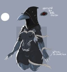 5_fingers anthro artlegionary avian beak bird black_nipples breasts corvid corvus_(genus) crow female fingers genitals grey_background hood mornne_(artlegionary) mostly_nude nipples non-mammal_breasts oscine passerine pussy red_eyes simple_background solo text