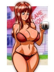 1girls bangs bedaxe big_breasts bikini breasts brown_eyes cleavage dragon_ball dragon_ball_(classic) dragon_ball_z hourglass_figure large_breasts long_hair mug navel orange_hair shounen_jump sidelocks skindentation suno thick_thighs