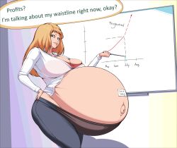 1girls belly belly_button big_belly big_breasts blonde_hair blue_eyes breasts cleavage dialogue female hand_on_hip huge_belly maternal-reads navel outie outie_navel pregnant text