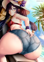 1girls 2022 ass ass_focus ass_shot back_view beach black_hair breasts bubble_butt female genshin_impact green_eyes huge_ass jean_shorts medium_breasts mona_(genshin_impact) oniilus outdoors short_hair shorts thick_thighs thighs twintails