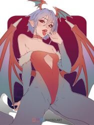 clothing darkstalkers flat_chest inhoso lilith_aensland looking_at_viewer pointy_ears purple_hair red_eyes small_breasts succubus succubus_costume wings