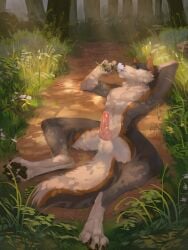 animal_genitalia anthro canid canine canis forest genitals hi_res knot lying male mammal on_back paws plant rykerwolf sheath solo treats_(artist) tree wolf