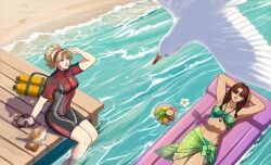 2girls alluring arms_behind_head autumn_sacura banana beach big_breasts bird blonde_hair blue_eyes bodysuit bra cleavage conch flower food fruit glasses goggles grapes green_bra green_necklace green_panties hairband high_res jewelry julia_chang lidia_sobieska lying midriff multiple_girls namco necklace ocean on_back panties plate red_bodysuit red_hairband scar scar_across_eye scuba_tank seagull sleeping stomach sunglasses tekken tekken_7 tekken_8 tekken_tag_tournament_2 underwear