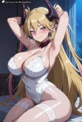 ai_assisted ai_generated armpits bed bedroom blonde_hair demon demon_girl demon_horns dim_lighting eyes eyeshadow facepaint female female_focus female_only fishnets horns lacrima_the_scarlet_sorrow lingerie lipstick makeup mirageart sexy sexy_armpits solo solo_female solo_focus twintails yu-gi-oh!