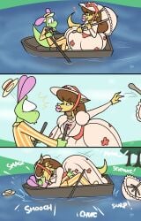 2d 2d_(artwork) age_difference anthro anthro_on_anthro big_lips boat brown_hair canoe daytime dragon dragon_girl dress green_body green_eyes jamearts jimmy’s_sloppy_life jimmy_(jamearts) kiss kiss_mark kiss_marks kissing lipstick_mark lizard lizardman making_out mwah pink_eyes pink_lipstick pointy_ears rebecca_(jamearts) scalie smooch student student_and_teacher teacher teacher_and_student tree trees umbrella yellow_body