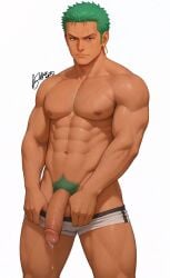 1boy ai ai_assisted ai_generated armpit_hair balls bara boxer_briefs chest_hair erection foreskin green_armpit_hair green_hair green_pubic_hair highres male male_focus male_nipples male_only male_pubic_hair muscular_male nipple_piercing nipples one_piece penis precum precum_drip pyroarts retracted_foreskin roronoa_zoro scar scar_across_eye scar_on_face scars scars_all_over solo_male stable_diffusion uncut underwear