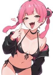 1girl 1girls 2d 2d_(artwork) black_bikini black_jacket coral_(pokemon) cute_fangs fem female female_only flipping_off grey_eyes kamidan lace_bra lace_panties loveheart nintendo pink_eyebrows pink_fingernails pink_hair pokemon red_eyeliner slim_waist solo solo_female tongue_out video_game_character white_background