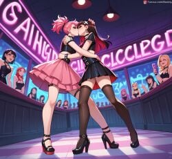 ai_generated black_hair boobly boots club dress full_body goth high_heels kissing pink_hair punk stockings upskirt yuri