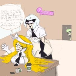 big_ass big_breasts bored coffee_cup collared_shirt cum cum_in_pussy dialogue doggy_style geo_(gwain_saga) geoexe gloves gwain_(gwain_saga) gwain_saga marlow status_effect tie uninterested uninterested_sex visor white_hair yellow_eyes yellow_hair