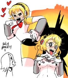 1girls aigis_(persona) breasts female freak pasties pointy_teeth ravenmastertask robot_girl self_insert sharp_teeth teeth thighs x_pasties yellow_hair