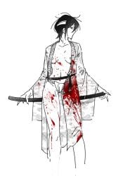 artistic_nude bandaged_head bandages blood blood_splatter breasts_out female female_only fundoshi genderswap_(mtf) gintama japanese_clothes katana kimono looking_at_viewer nonsexual_nudity open_clothes open_kimono red_eyes rule_63 short_hair small_breasts solo spot_color sword takasugi_shinsuke ycgdyfk