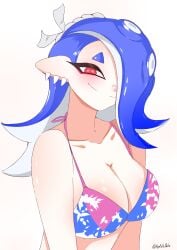 1girls bikini_top blue_hair bra breasts cleavage deep_cut_(splatoon) digital_drawing_(artwork) digital_media_(artwork) hair_over_one_eye half_body headband headwear kyocallscats nintendo octoling pattern_topwear red_eyes shiver_(splatoon) shiver_hohojiro smile smiling smiling_at_viewer splatoon splatoon_(series) splatoon_3 twitter_username watermark white_background