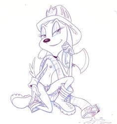 anthro armor axe boots brandy_&_mr_whiskers brandy_harrington canine disney disney_channel dog female female_only fluffy_(artist) footwear fur furry helmet hose kneeling looking_at_viewer mammal monochrome nipples smile solo toon_disney