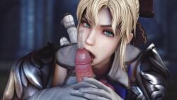 1boy 1girls 3d 3d_render armor blonde_hair blue_eyes bow braid breasts cassandra_alexandra clothing erection facial fellatio female gloves green_eyes large_penis licking looking_at_viewer male male_pov mrstranger nose oral penis penis_licking shoulder_armor solo_focus soul_calibur straight tied_hair tongue tongue_out two-handed_handjob veins xnalara