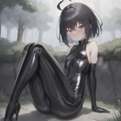 ahoge bangs bare_shoulders black_bodysuit blush bodysuit breasts eyebrows_visible_through_hair female grass high_heels latex outdoors rain short_hair sitting small_breasts solo wet wet_clothes