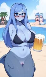 ai_generated anahita anime_girls beach beer big_breasts blue_body blue_eyes blue_hair blue_skin blush breasts calamity_mod colored colored_skin mermaid smile terraria