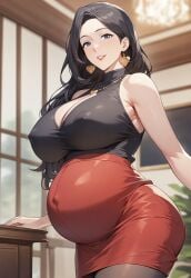 ai_generated big_breasts heart_earrings long_hair milf pregnant short_skirt tight_clothing tomioka_yukino yukino