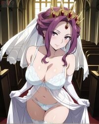 ai_generated bare_thighs eroero_waifus gigantic_breasts hair_bun huge_breasts huge_thighs light-skinned_female light_skin looking_at_viewer massive_breasts mature_female milf mirelia_q_melromarc purple_eyes purple_hair smiling solo_female squatting sweat sweatdrop tate_no_yuusha_no_nariagari thick_body thick_female thick_thighs thighs voluptuous voluptuous_female wedding_lingerie